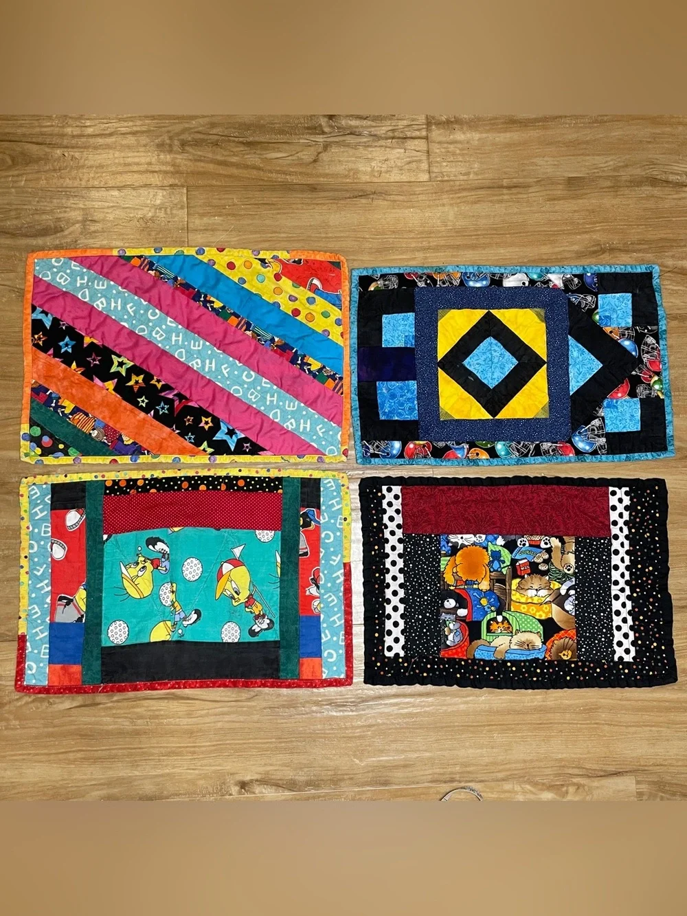Vintage Handmade Set of Four 16”x10” Quilted Placemats Cottagecore Fun Whimsical